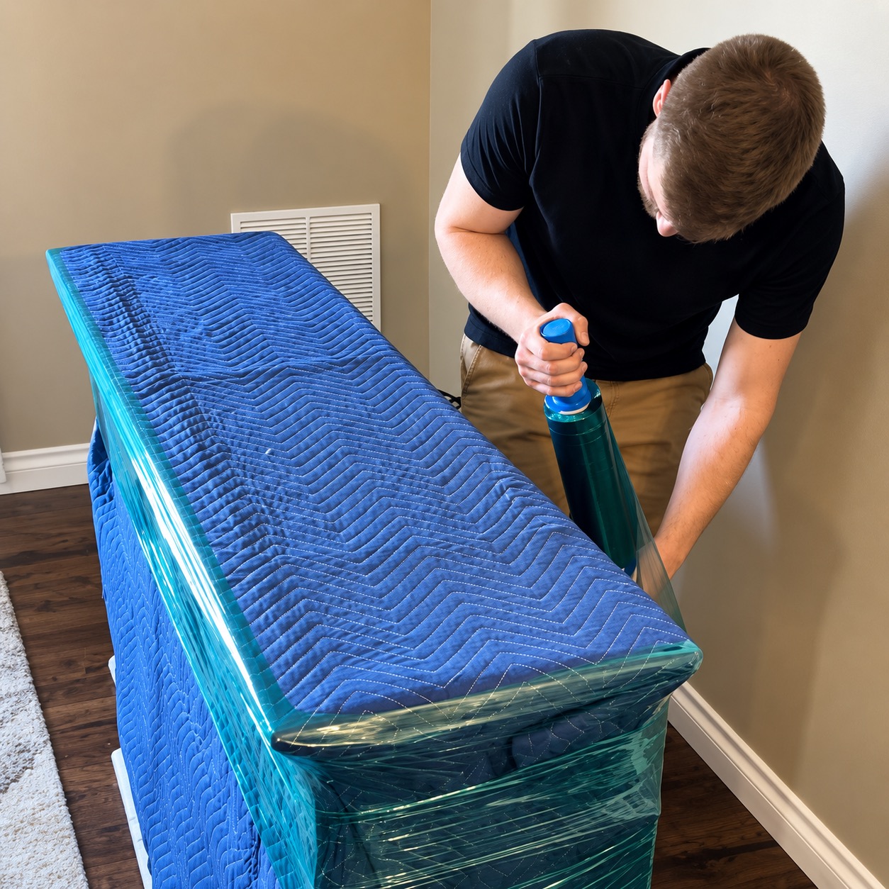 A Peak Movers team member carefully wrapping a dresser in moving blankets